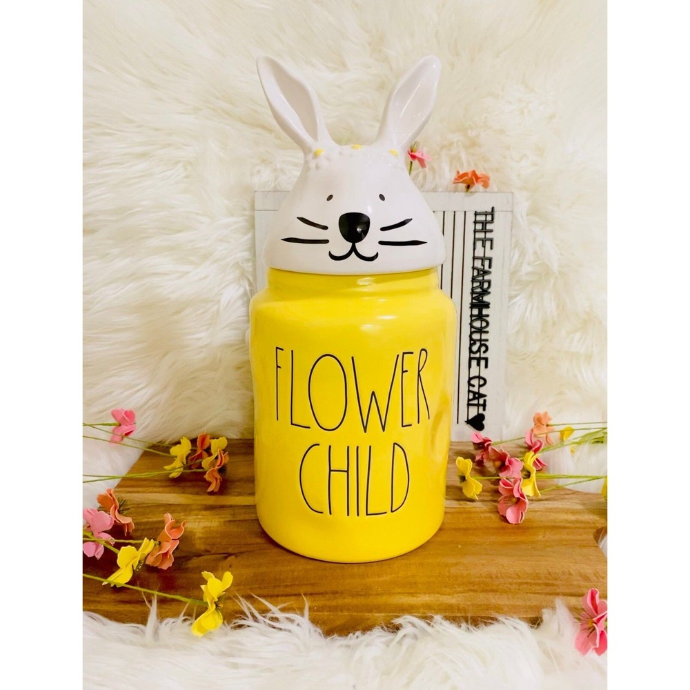Rae Dunn Easter Spring Flower Child Bunny Yellow Ceramic Home Decor Canister